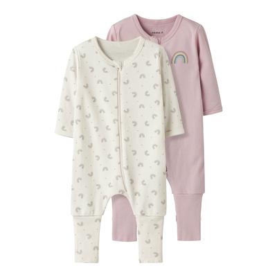 Schlafanzug NAME IT "NBFNIGHTSUIT 2P ZIP FF JET RAINBOW NOOS", Kinder, Gr. 50, jet stream pack:w, burnished lila, Jersey, Obermaterial: 100% Baumwolle, bedruckt, casual, regular fit, Rundhals, Langarm, Homewear-Sets Image