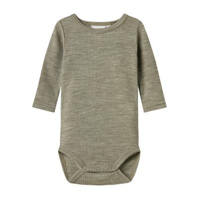 Langarmbody NAME IT "NBNWAX WOOL RIB LS BODY NOOS", Baby, Gr. 86, N-Gr, grün (dried sage), Rippstrick, Obermaterial: 100% Wolle, unifarben, casual, Rundhals, Langarm, Bodies, aus reiner Merinowolle Image