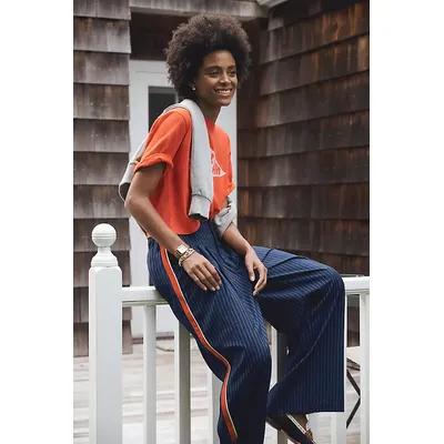 The Avery Pleated Wide-Leg Trousers by Maeve: Pinstripe Track Edition
