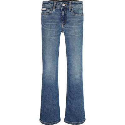Schlagjeans CALVIN KLEIN JEANS "MR FLARE", Mädchen, Gr. 12 (152), N-Gr, dunkelblau cf, Denim/Jeans, Obermaterial: 90% Baumwolle, 8% Polyester, 2% Elasthan, unifarben, casual, ausgestellt lang, Jeans, für Kinder bis 16 Jahre, used-washed Image
