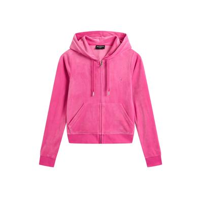 Kapuzennickijacke JUICY COUTURE "ROBERTSON HOODIE Damen", Damen, Gr. M, rosa (very berry), 95% POLYESTER, 5% ELASTAN, slim fit, Langarm, Jacken, Trainingsjacke Damen, Sweatjacke mit Kapuze, Velour, mit Glitzer, Sale Image