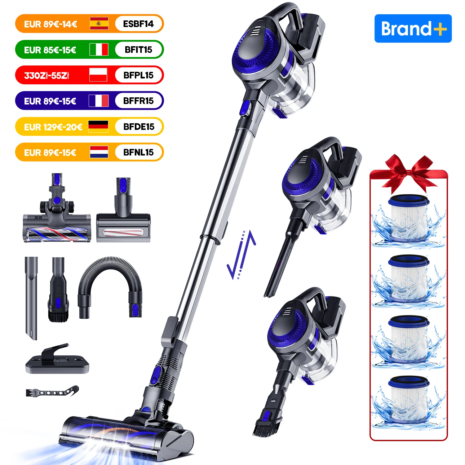 AUTHMIC Akku-Staubsauger, 500 W, bürstenloser Motor, leistungsstarke Saugleistung, 5-in-1-HEPA-Filtration, 50 Minuten lange Laufzeit, EU-Haus Image