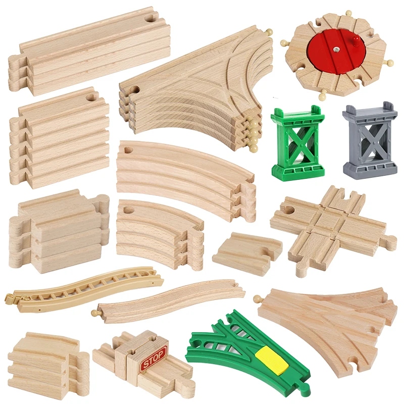 Holz Eisenbahn Gleis Spielzeug Eisenbahn Schienen Zubehör Fit Thomas Zug Straße Stecker Holz Eisenbahn Brücke Kinder Geburtstag Geschenke Image