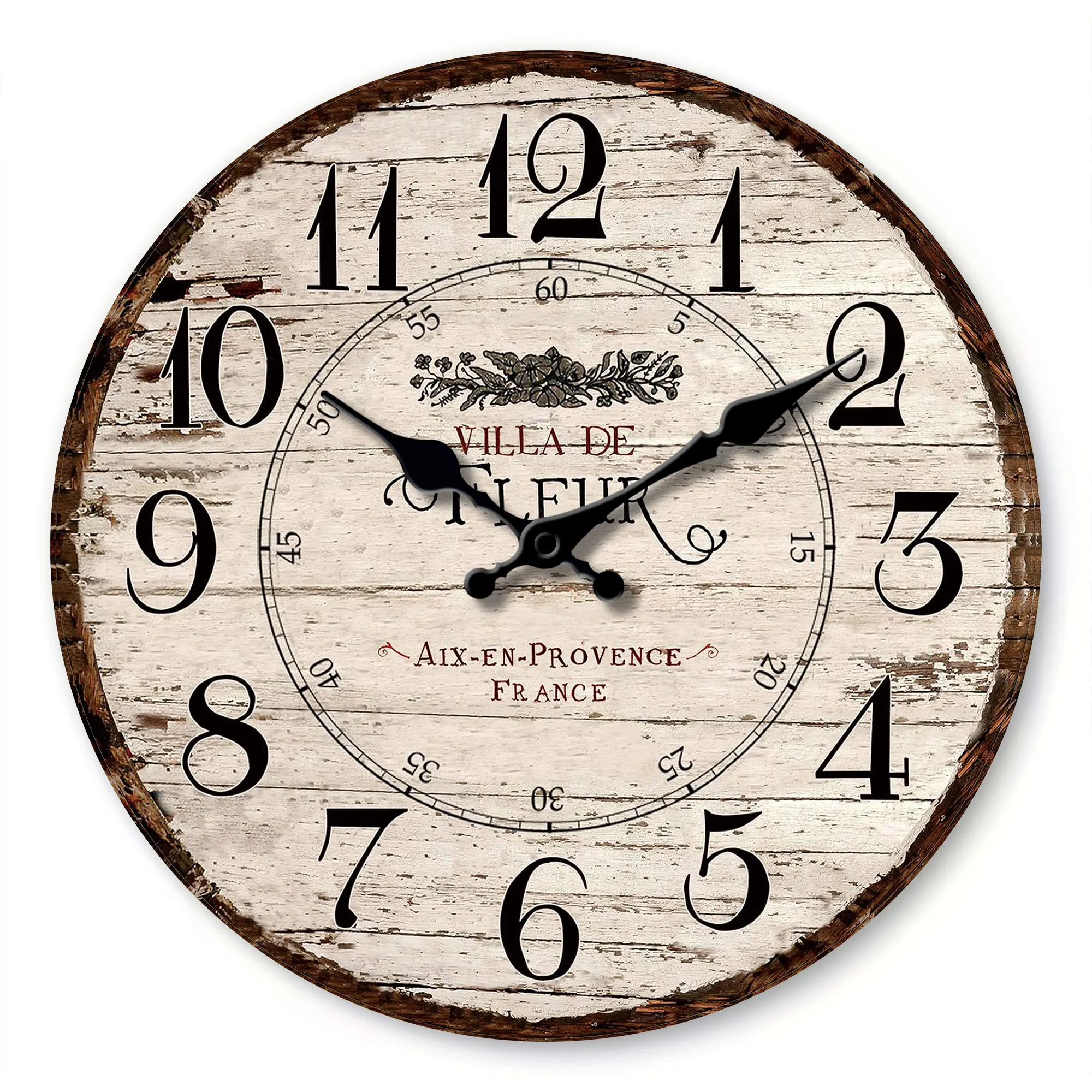 Runde französische Vintage-Landuhr, „VILLA DE FLEUR“, Provence-Motiv, Dekor (Batterien nicht im Lieferumfang enthalten), 25,4–40,6 cm