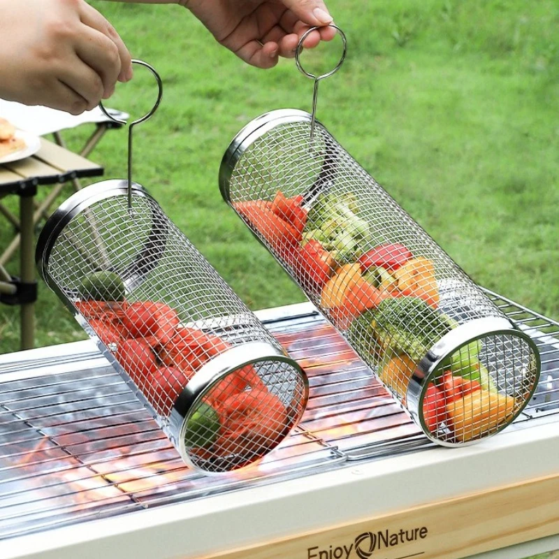Edelstahl Grill Korb Tragbare Grill Käfig Roll Grillen Korb Nützliche BBQ Grill Korb Outdoor Grill Zubehör Image