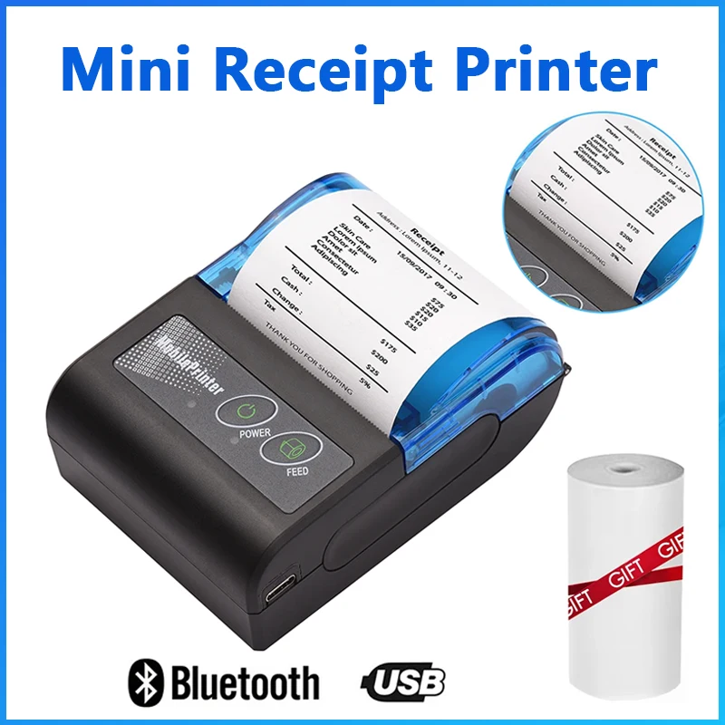 Carta termica per ricevute da 2 pollici per mini stampante per ricevute portatile da 58 mm Stampante POS mobile USB wireless Supporto Android IOS Windows