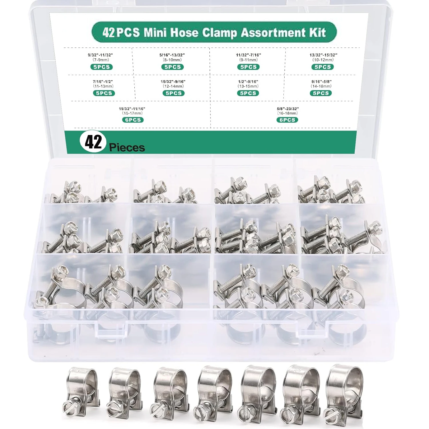 42 Stück 7 mm bis 15 mm (7 Größen) verzinkter Kohlenstoffstahl Mini-Schlauchschellen-Sortiment im Kraftstoffeinspritzstil für Diesel-Benzinrohre