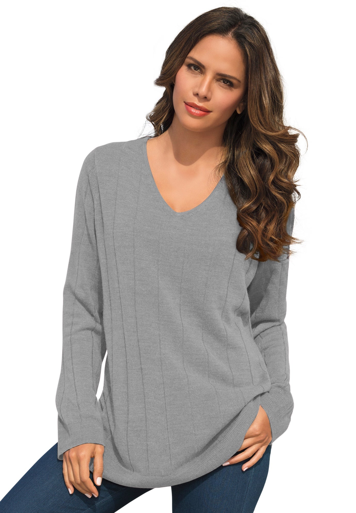 Plus Size Women's Plus Size Drop Needle V-Neck Lightweight Sweater Knit by Roaman's in Medium Heather Grey (Size 6X)