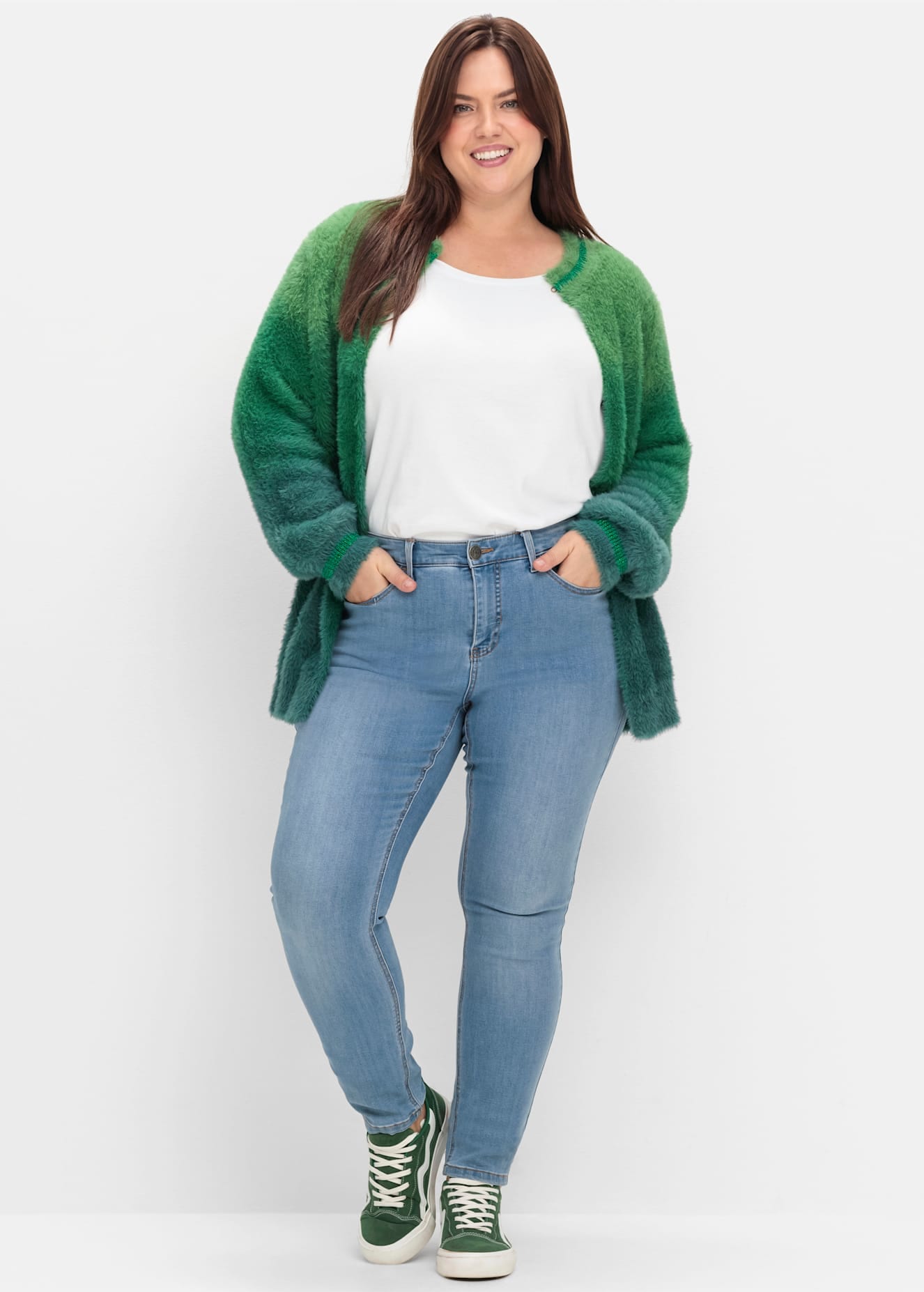 Strickjacke SHEEGO BY JOE BROWNS, Damen, Gr. 52/54, grün (grün, blau), 97% Polyamid, 3% metallisierte Fasern, bedruckt, gemustert, mehrfarbig, Strickjacken Strickjacke