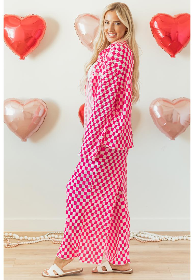 Pink kariertes Hemd mit Knöpfen und High-Waist-Hosen Pyjama-Set Image