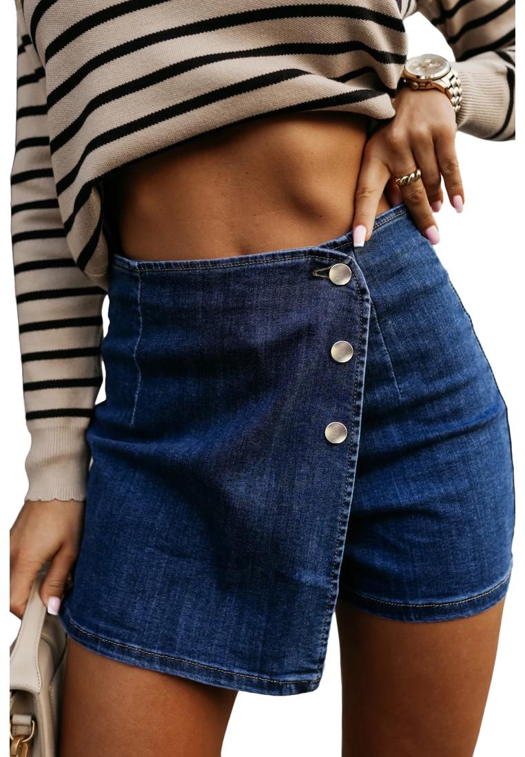 Azura Exchange Bluing Asymmetrisch Umschlagknopf Hohe Taille Denim Shorts Image