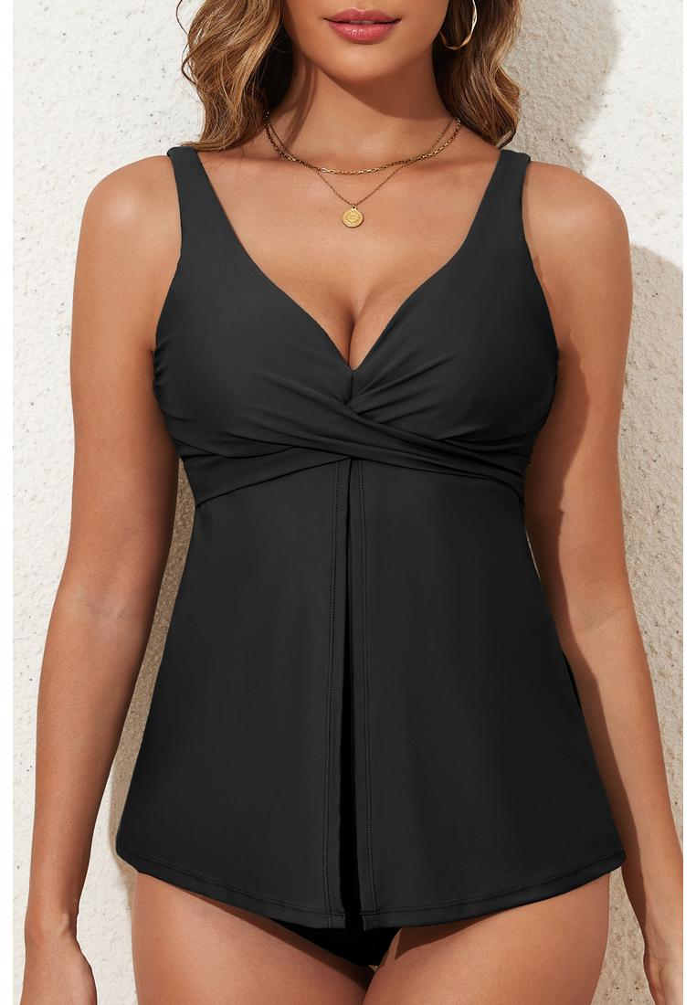 Schwarze gekreuzte V-Ausschnitt verstellbare Träger Babydoll Tankini-Oberteil Image