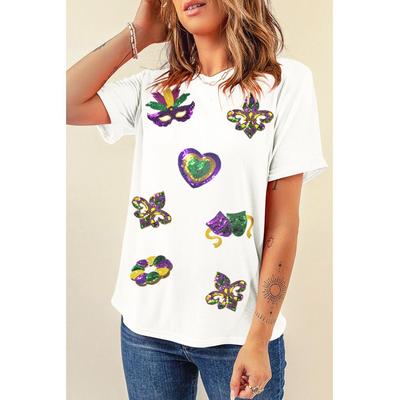 Weißes T-Shirt mit Pailletten und symbolischem Mardi Gras-Muster Image