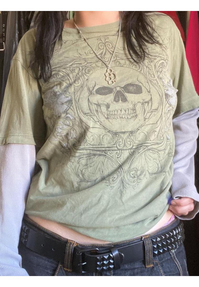 Damen Skull Rundhals Langarm Shirt Fake Zweiteiler Image