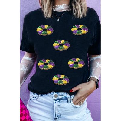 Schwarzes Pailletten-Mardi Gras-Muster Crew-Neck T-Shirt mit kurzen Ärmeln Image