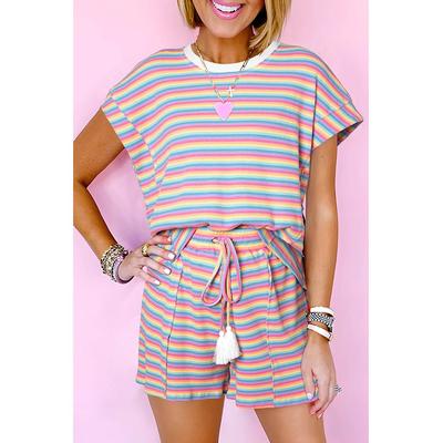 Set aus T-Shirt mit Rundhalsausschnitt in Pink mit Streifen und Shorts mit Quasten-Schnürung Image