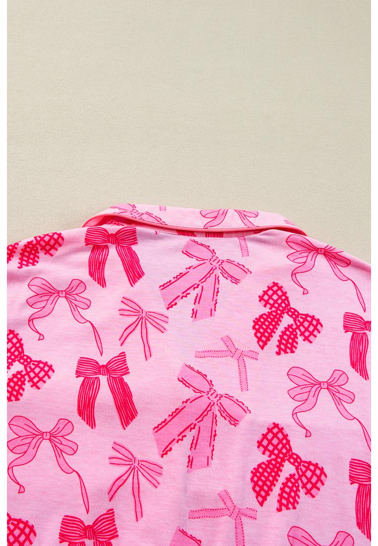 Azura Exchange Pink Bow-Knoten-Print Reverskragen Kurzarm- und Hosen- pyjama-Set Image