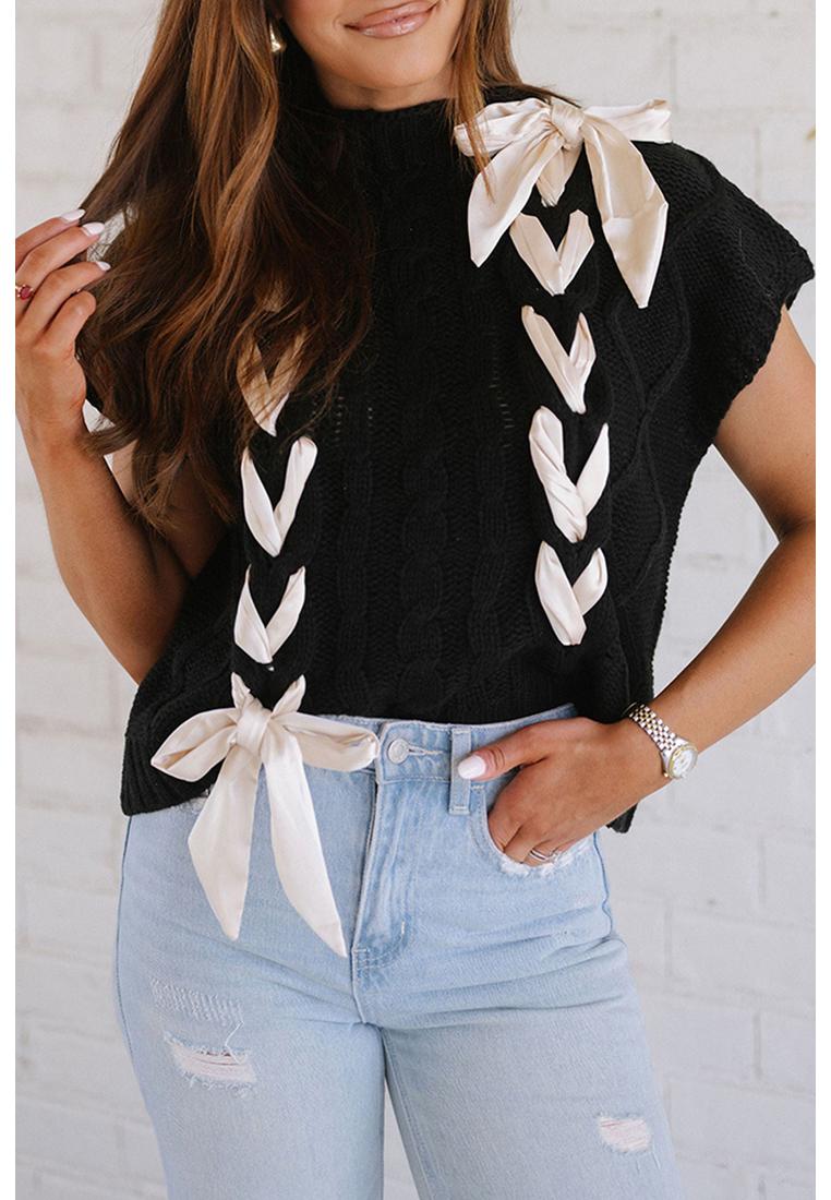 Schwarzer Kabelstrick Farbblock Satin Schleifen Kurzarmpullover Image