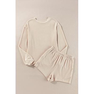 Pergamentfarbener, kordelgestrickter Langarm-Top und Shorts mit hoher Taille Set Image