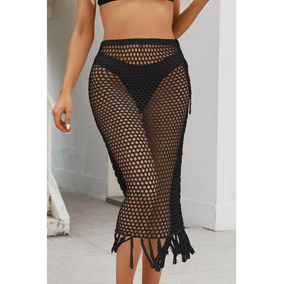 Damen Fransen Offenes Strickmuster Hohe Taille Schwimmrock Image
