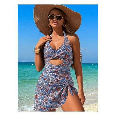 Damen Cutout Bedruckter Neckholder Einteiler Badeanzug Image