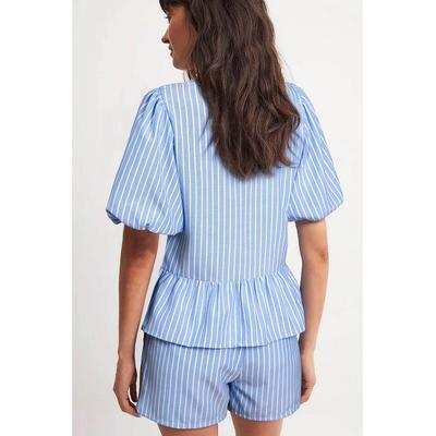 Himmelblau Gestreifter Puffärmel-Top mit Schleifendetail und Shorts 2-teiliges Set Image