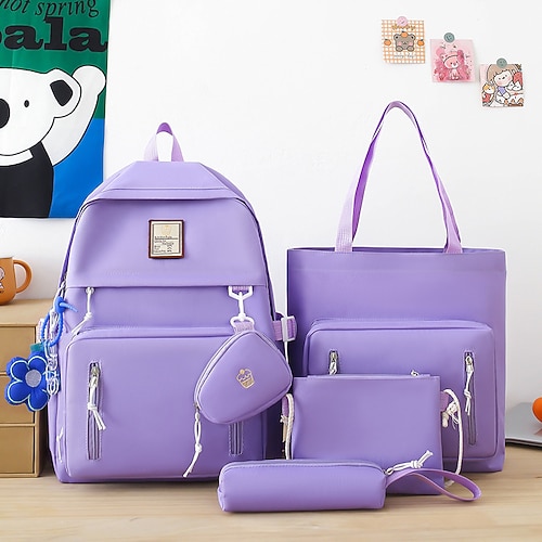 Set di zaini 5 in 1 in tinta unita per ragazze: elegante borsa scolastica blu con borsa tote, tracolla, astuccio e pochette per studenti adolescenti e per l'uso nel campus