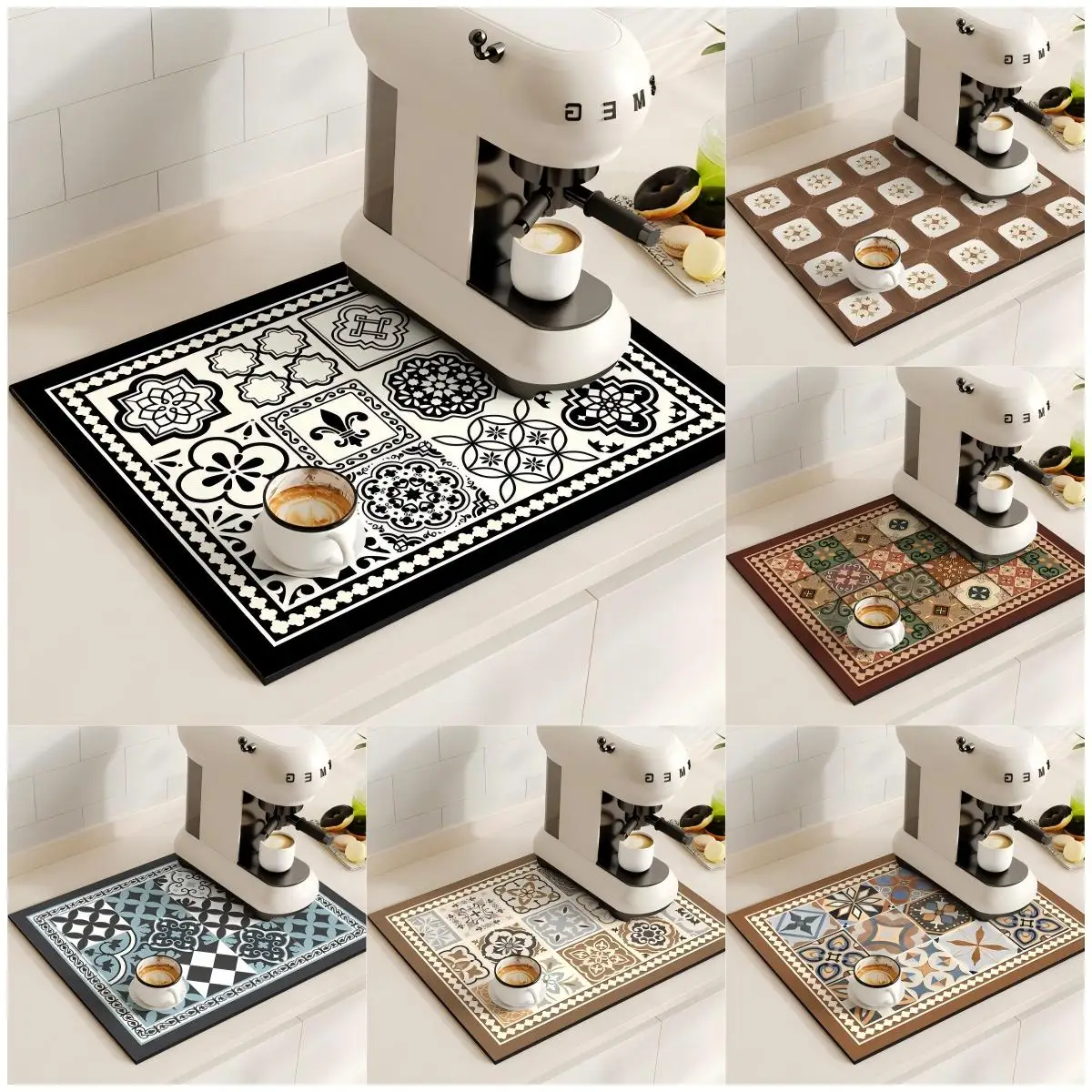 VIKAMA Vintage-Kaffeemaschine mit geometrischem Fliesenmuster, rutschfeste Matte für Küche, Bar, dekorative Matte, langlebig und leicht zu reinigen Image