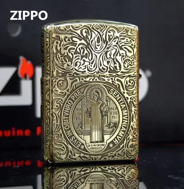 Zippo Feuerzeug Antique Golden Brass Constantine Priest 6-seitig geschnitzt Christus Windproof Collection in Box Image