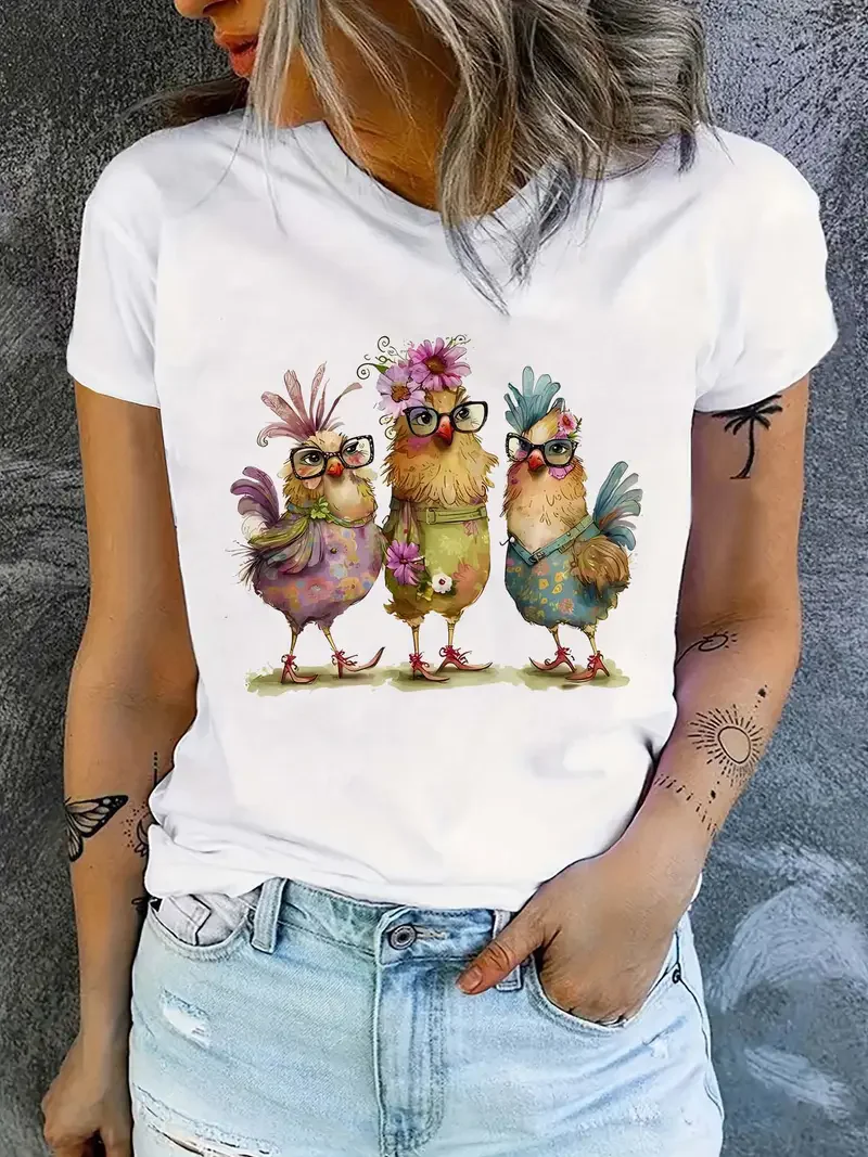 2025, Sommer, niedliches Design, Tiere, Huhn, kurzärmelig, bedrucktes T-Shirt, Kleidung, Damen-T-Shirt, Kleidung, Damen-Top-T-Shirt Image