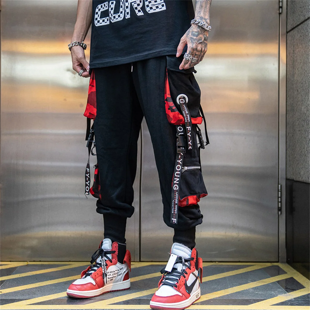 Coole schwarze Hip Hop Cargo hose Gothic High Srteet Jogging hose mit Taschen Korean High Wast Casual Outwear Hosen Männer Streetwear