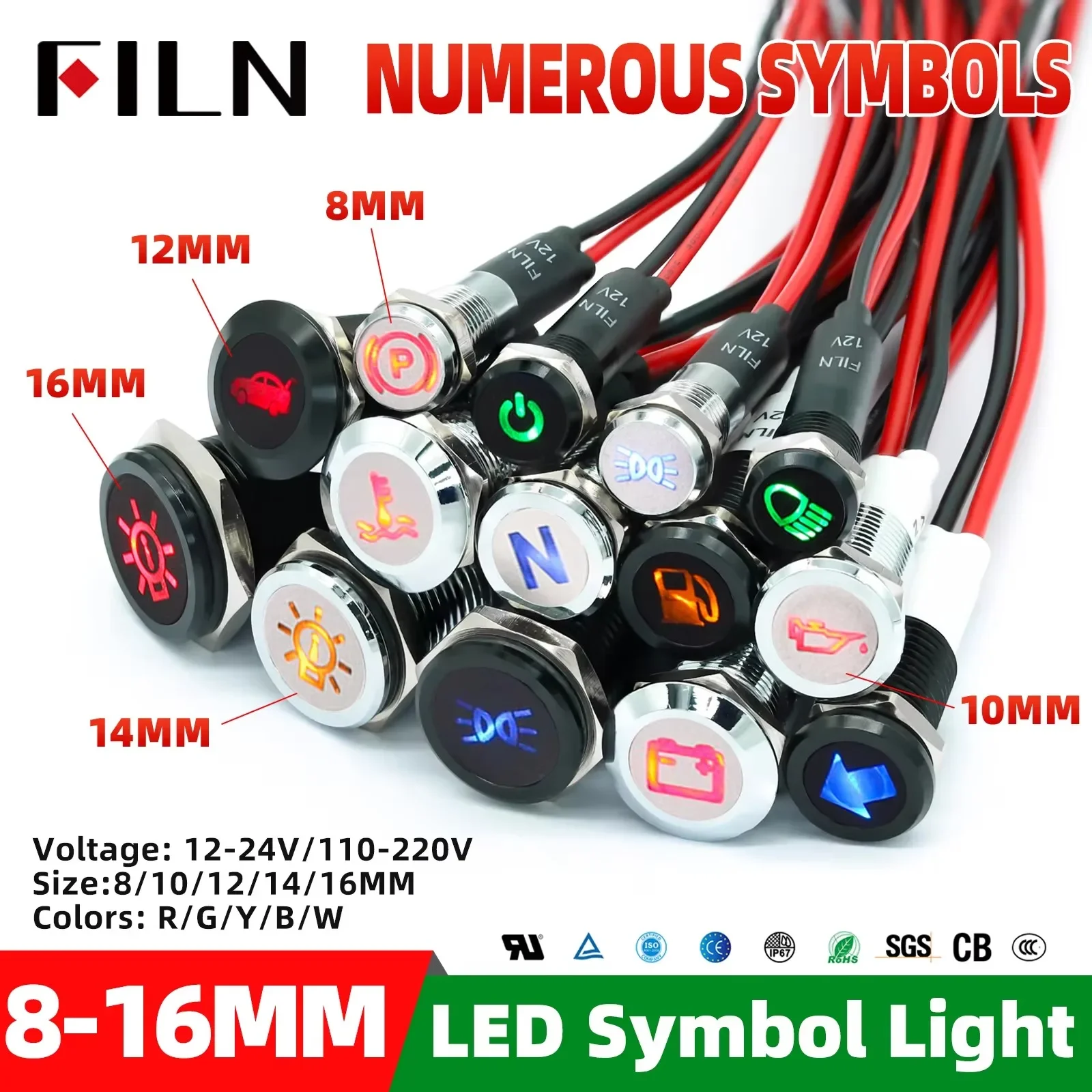 FILM mit Drahtsymbol LED 12V 24V Dash Pilot Light Metallanzeige 8/10/12/14/16mm AnzeigeleuchteAuto Armaturenbrett Ruck Machinery Image