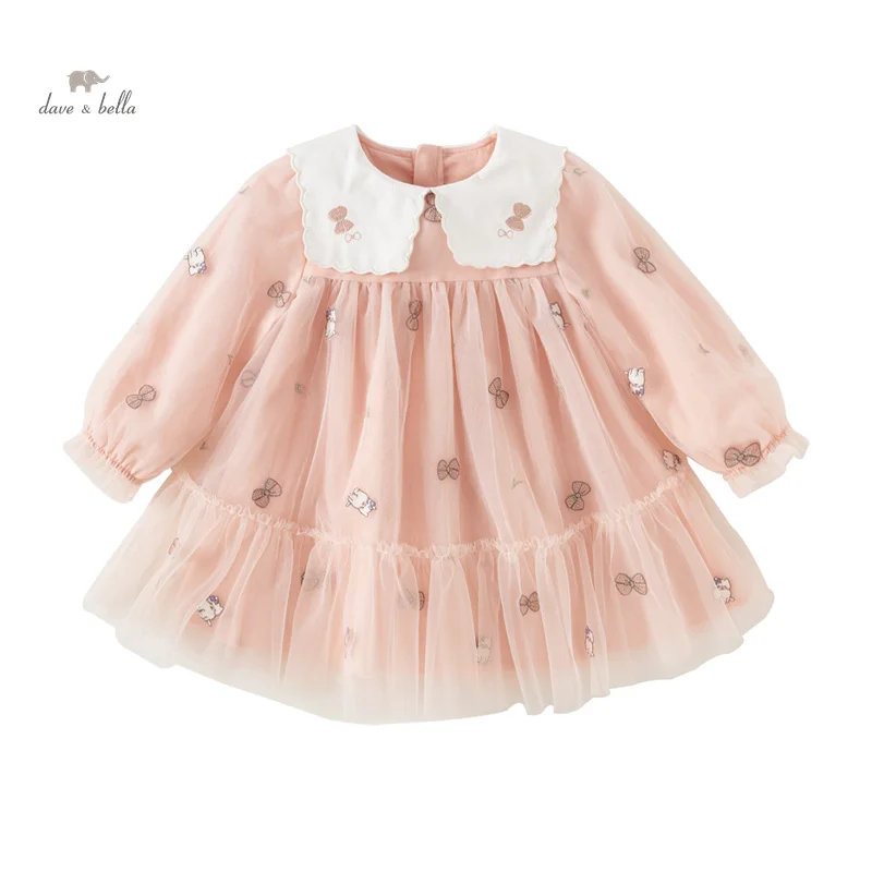 Dave Bella Mesh Prinzessin Kleid Mädchen Baby Kinder neuen Herbst süßen Charme niedlichen rosa Mode Langarm Kleid db3241578 Image