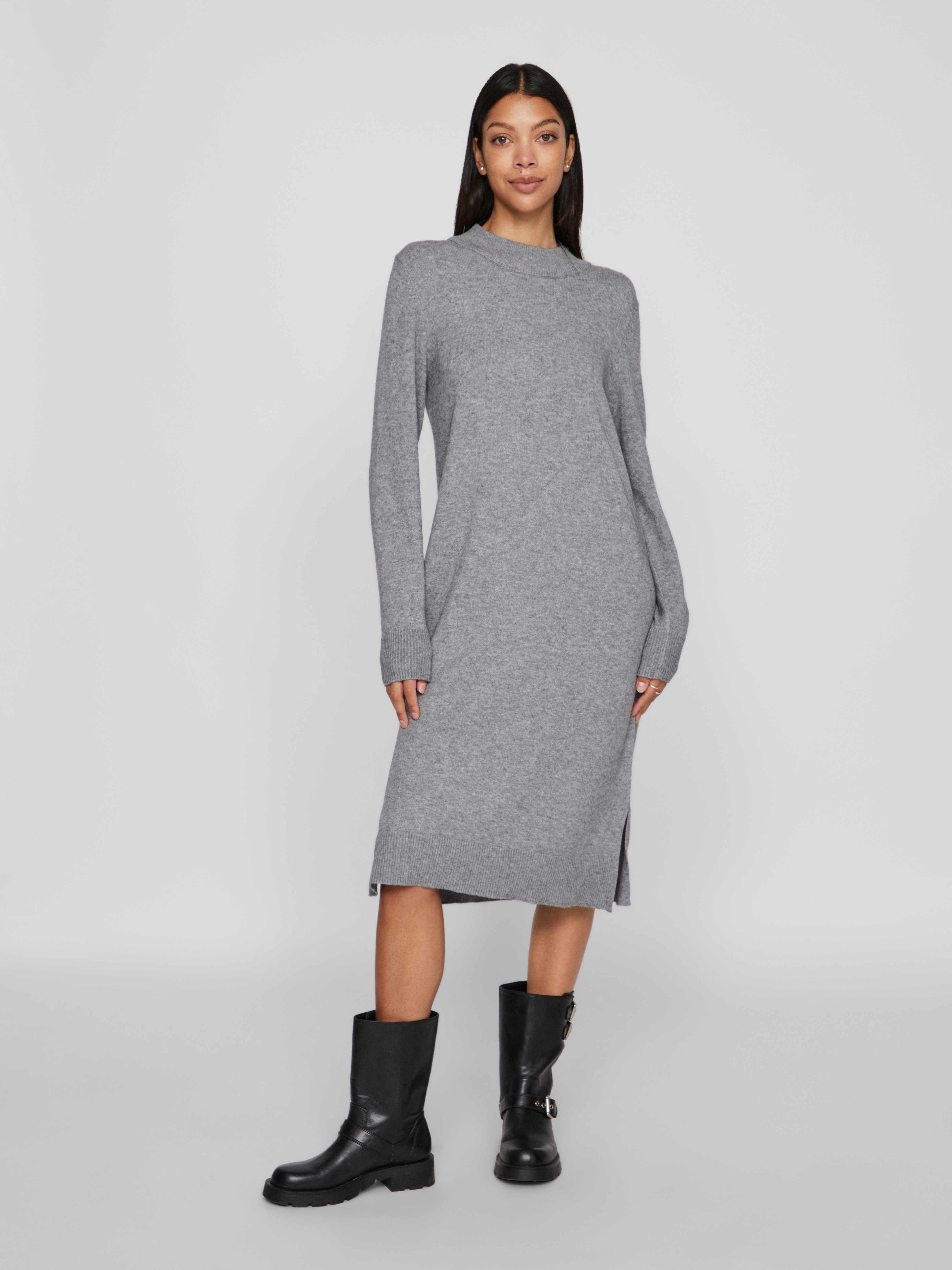 Strickkleid VILA "VIRIL CREW NECK L/S MIDI DRESS - NOOS", Damen, Gr. XXL, N-Gr, grau (medium grau melange), Feinstrick, Obermaterial: 50% Viskose, 27% Nylon, 23% Polyester, unifarben, regular fit knielang, hoch geschlossener Ausschnitt, Kleider...