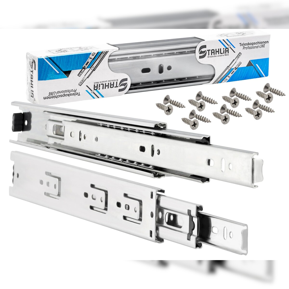 ID Dinkel Schubladenschienen 4 STÜCK VOLLAUSZUG Rollenauszug Teleskopschiene Schubladenauszug H 45 L 650 mm Image