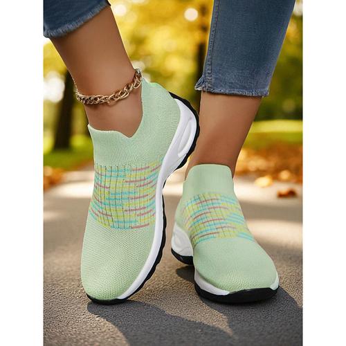 Women's Green Flyknit Walking Sneakers – Slip-On Air Cushion Shoes for Fitness, Travel Park Walks and Fall Street Style
