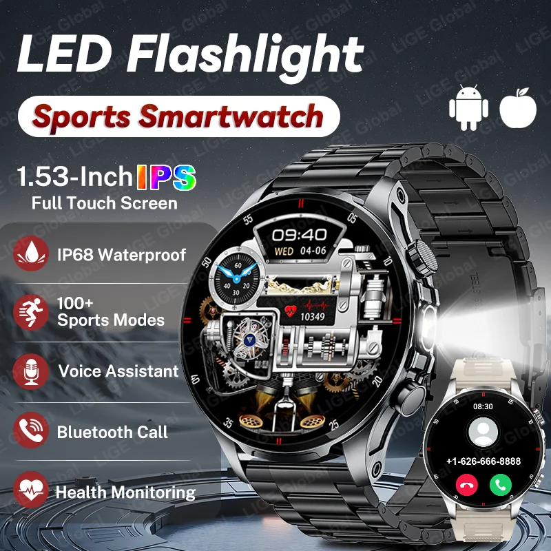 LIGE Neue Männer Smart Uhr LED Taschenlampe 1,53 "HD Bildschirm AI Stimme Bluetooth Anruf Sport Uhren Gesundheit Monitor smartwatch Frauen Image