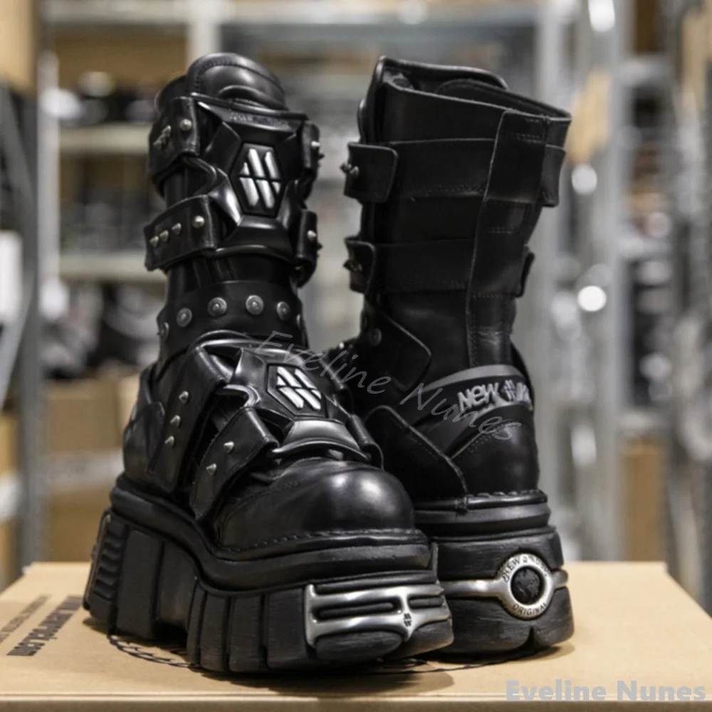 Metal Rock Mittelkalbstiefel mit dicken Sohlen für Damen, Punk-Motorradstiefel, Gothic-Nieten-Schnürstiefel, höhenvergrößernde Stiefel mit dicken Sohlen Image