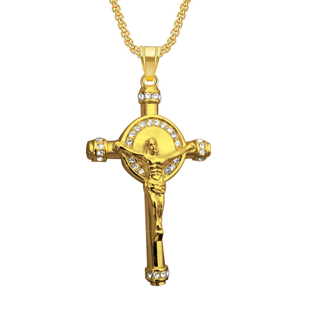 Hip Hop Iced Out Big Jesus Kreuz Anhänger Männlich Gold Silber Farbe Edelstahl Kruzifix Halskette für Männer Religiöse Schmuck Geschenk