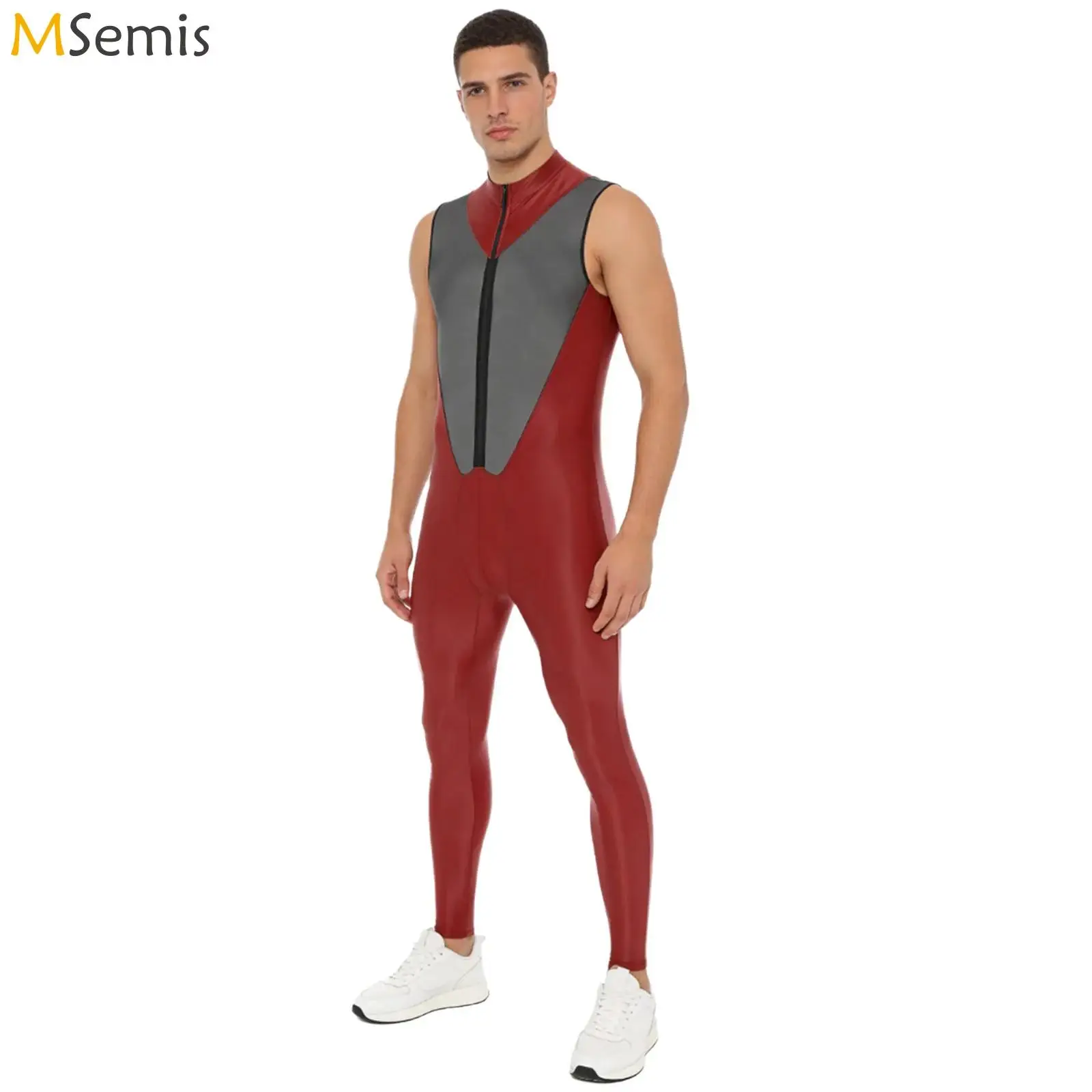 Herren-Badeanzug, glänzend, durchsichtiges Netz, Patchwork-Overall, Body, Reißverschluss vorne, Schritt, lange Hosen, Leggings, Catsuit, Bademode, Clubwear Image