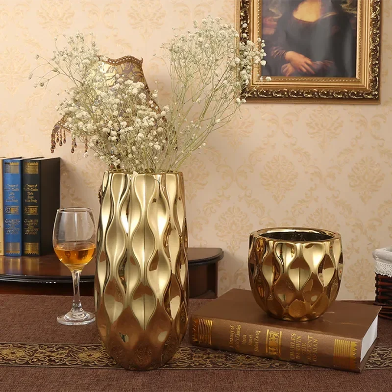 Nordic Keramik Vase Goldene Große Mund Blume Anordnung Wohnzimmer Handwerk Dekoration Getrocknete Topf Fisch Image