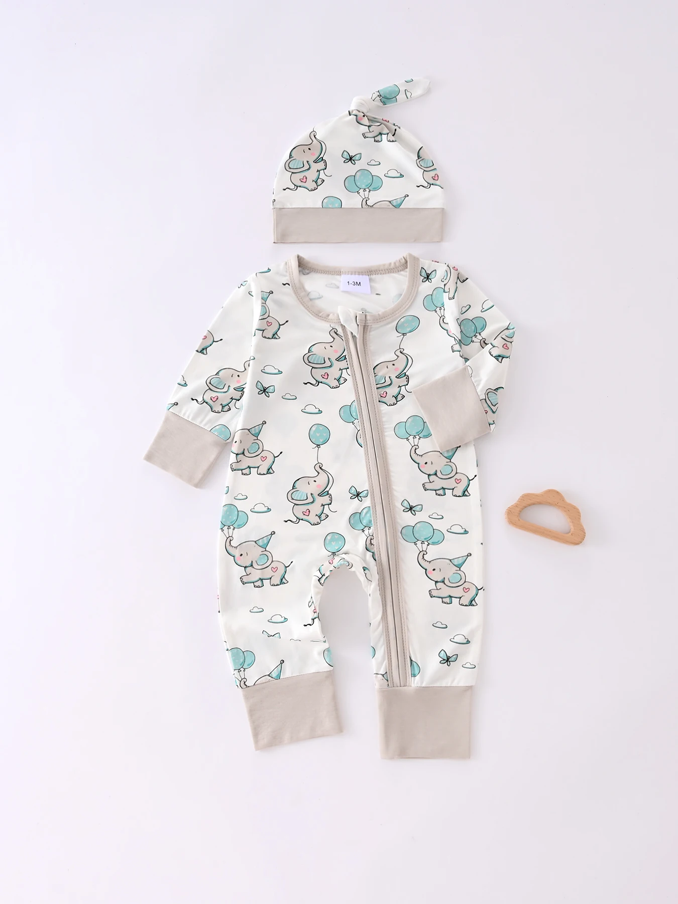Unisex-Baby-Overall mit langen Ärmeln und Reißverschluss und Hut, für Jungen und Mädchen, süßer Elefanten-bedruckter Body, Säuglingsspielanzug, 0–1–3–6 Monate, vier Jahreszeiten Image