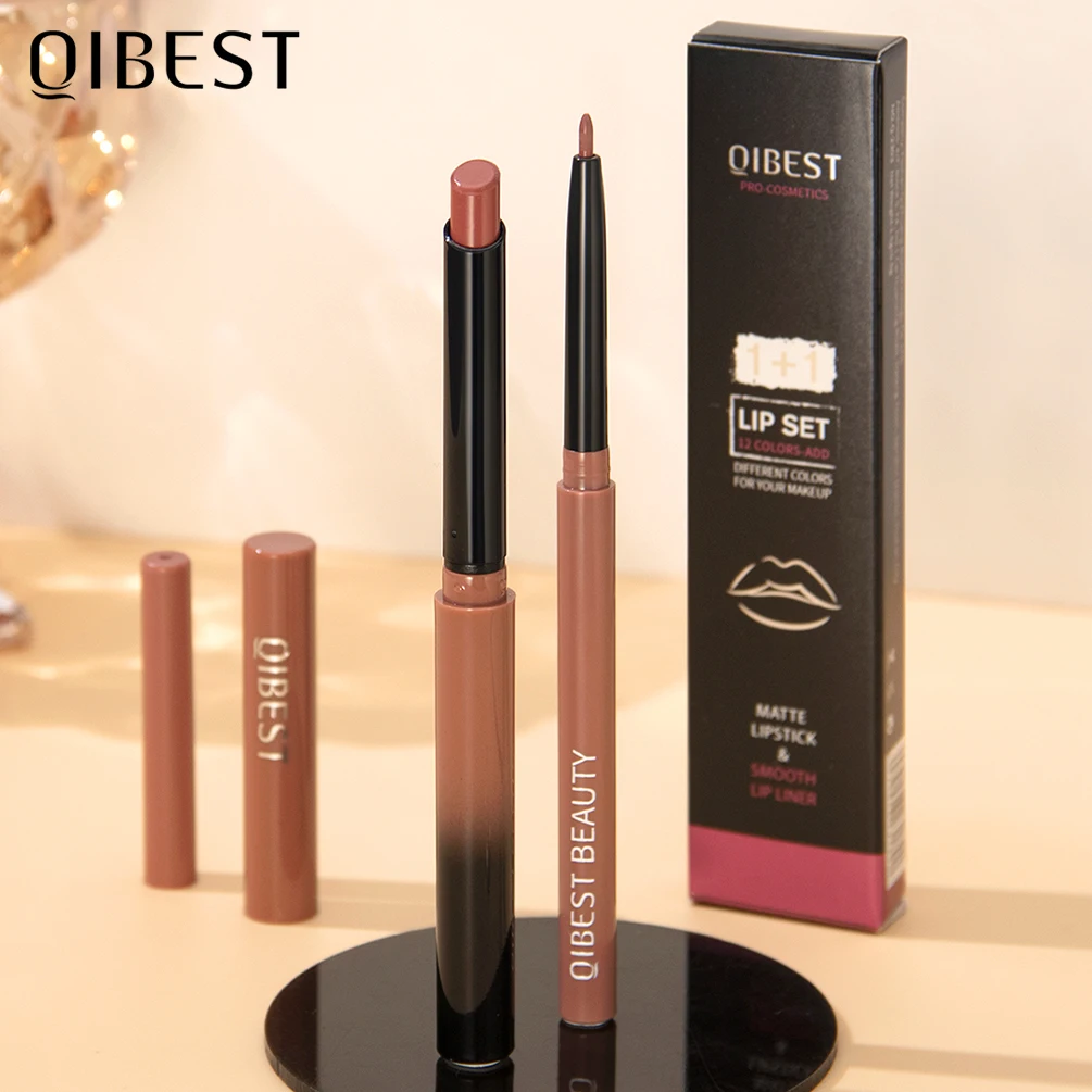 QIBEST 2 stücke Lippenstift Lipliner Pen-Set Matte Nude Lip Liner Bleistift Wasserdicht Langlebig Lippenstift Stift Kontur Make-Up Für frauen Image