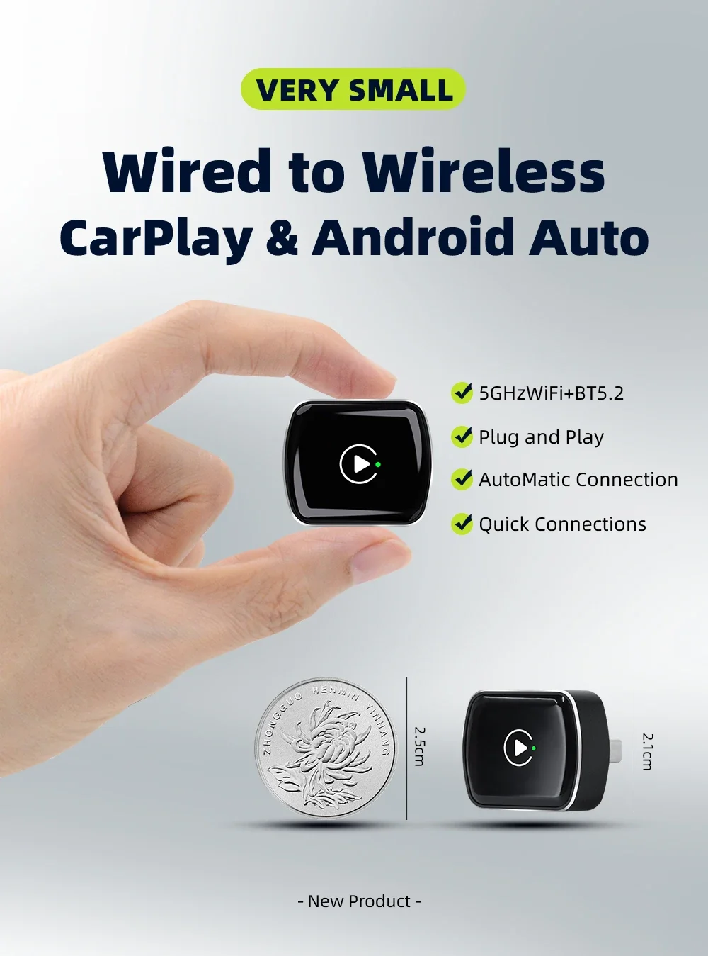 2025 Neuer kabelloser CarPlay-Android-Auto-Adapter, verbesserter Chip, ultrakompakt, geringe Latenz, für kabelgebundene CarPlay-Autos Image