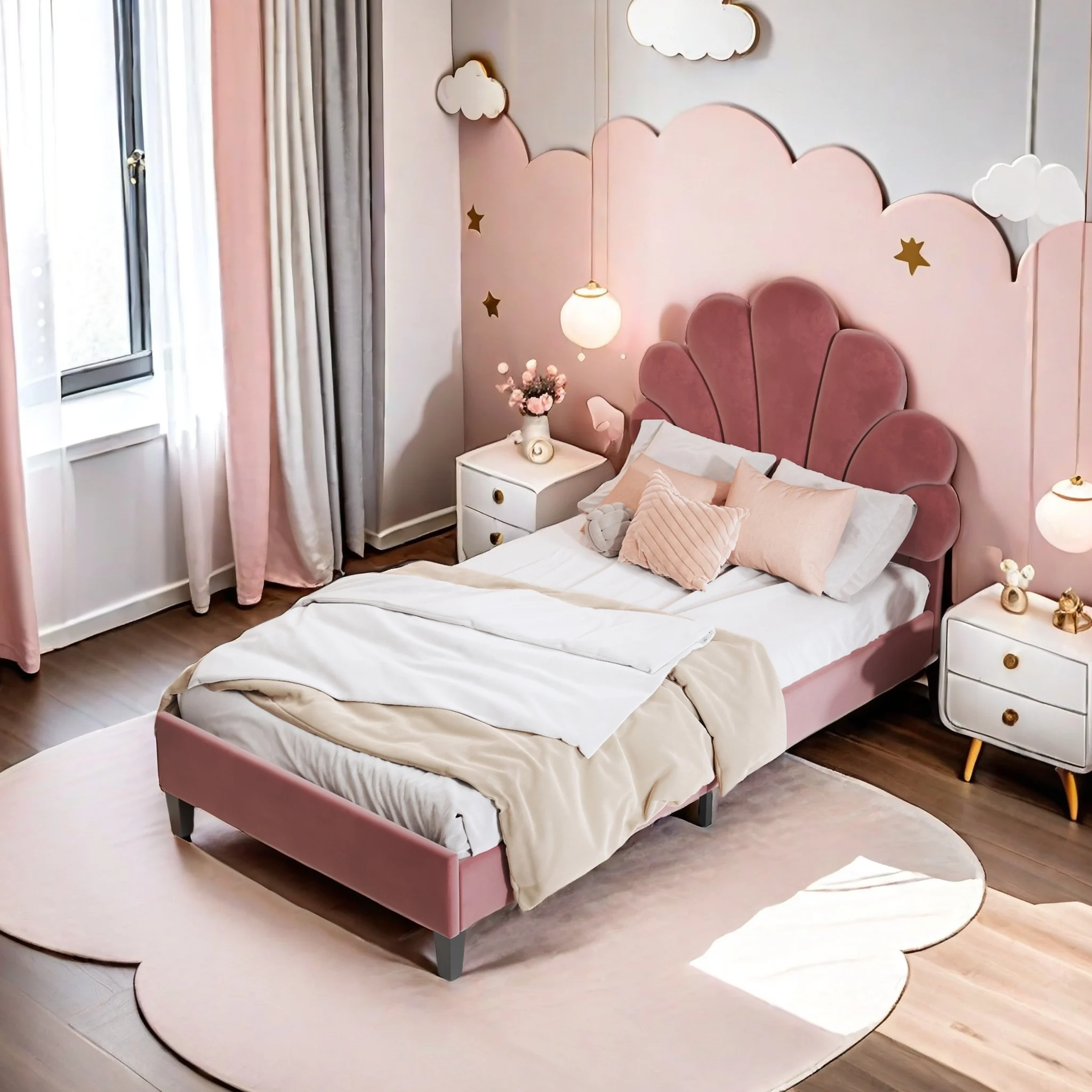 Rosahqnda Kinderbett , Einzelbett für Mädchen, höhenverstellbares Kopfteil, Blumenkopfteil, Polsterbett für Kinder, Velours Image