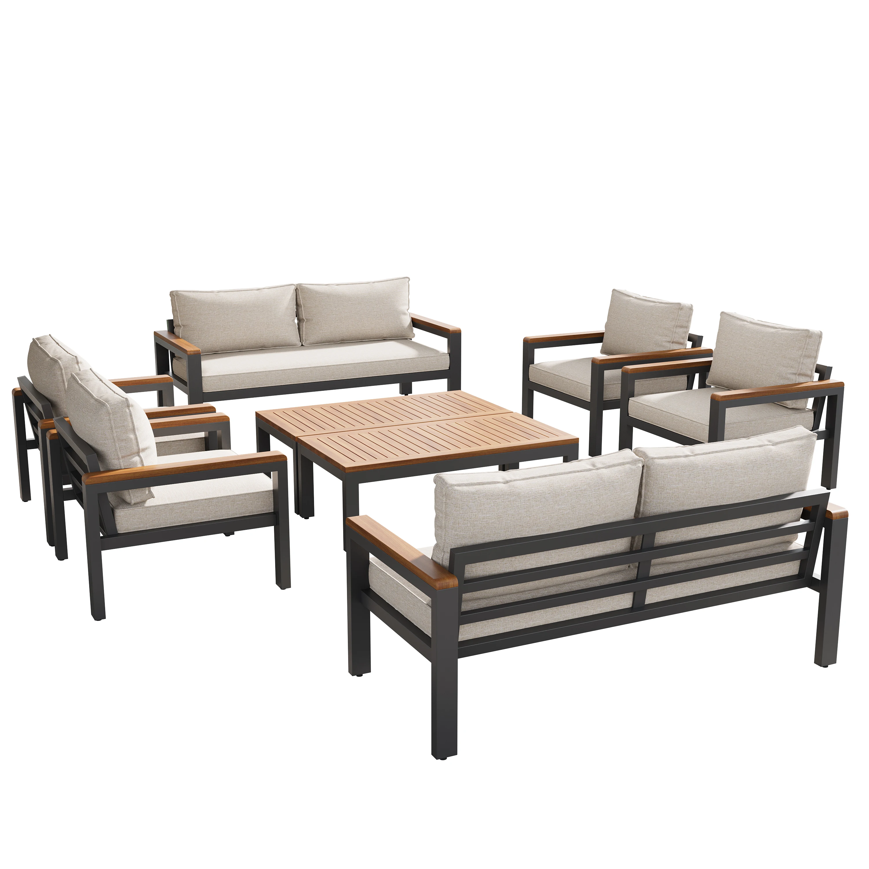 Loungeset Gartenmöbel-Set 8-teilig Outdoor Esstisch Akazienholz Eisenrahmen verstellbare Füße beige Image