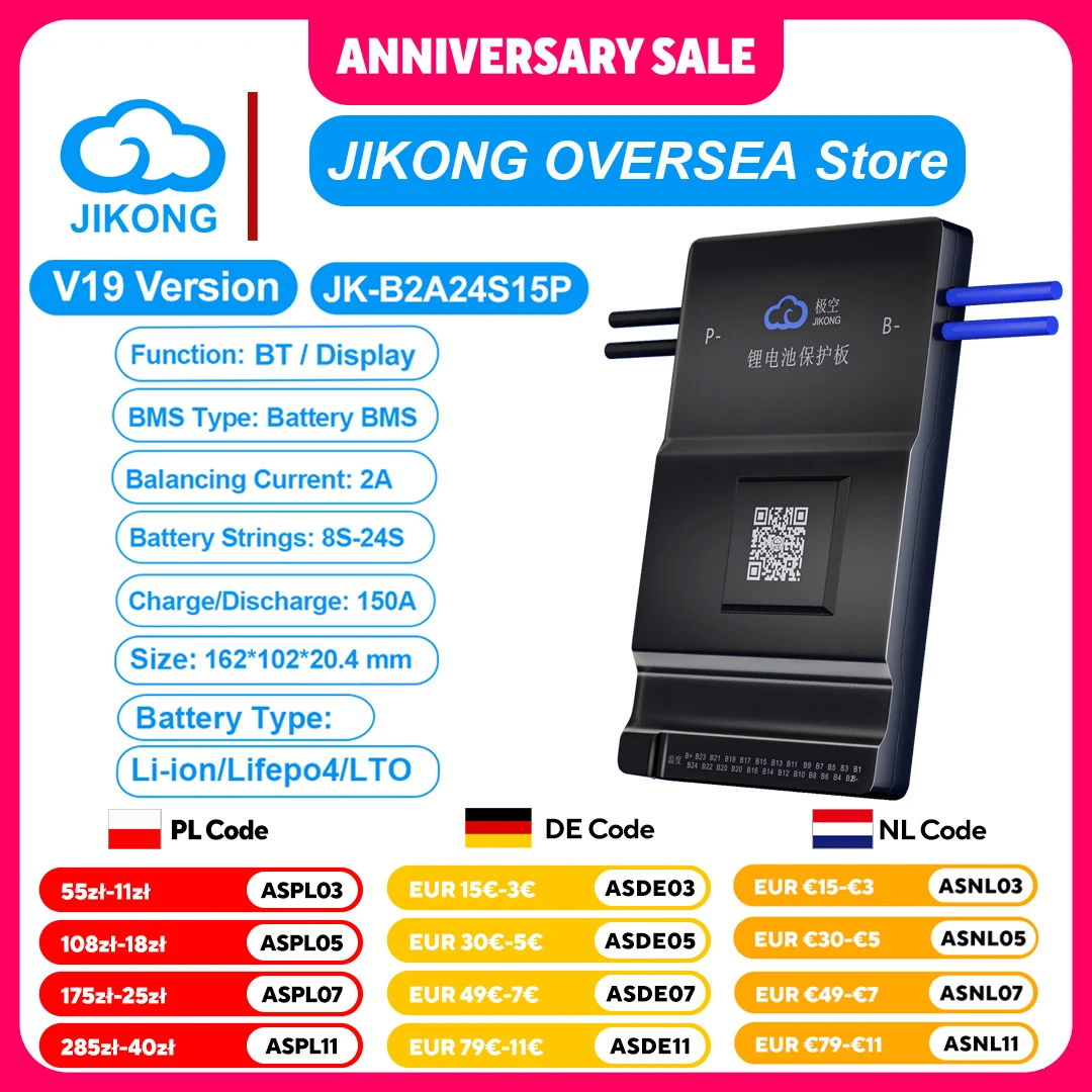 JKBMS B2A24S15P 1A 2A Aktiver Gleichgewichtsstrom 8S 12S 14S 16S 17S 20S 24S Smart BMS 150A BT 36V 48V 60V Lifepo4 Li-Ion Lto Batterie Image