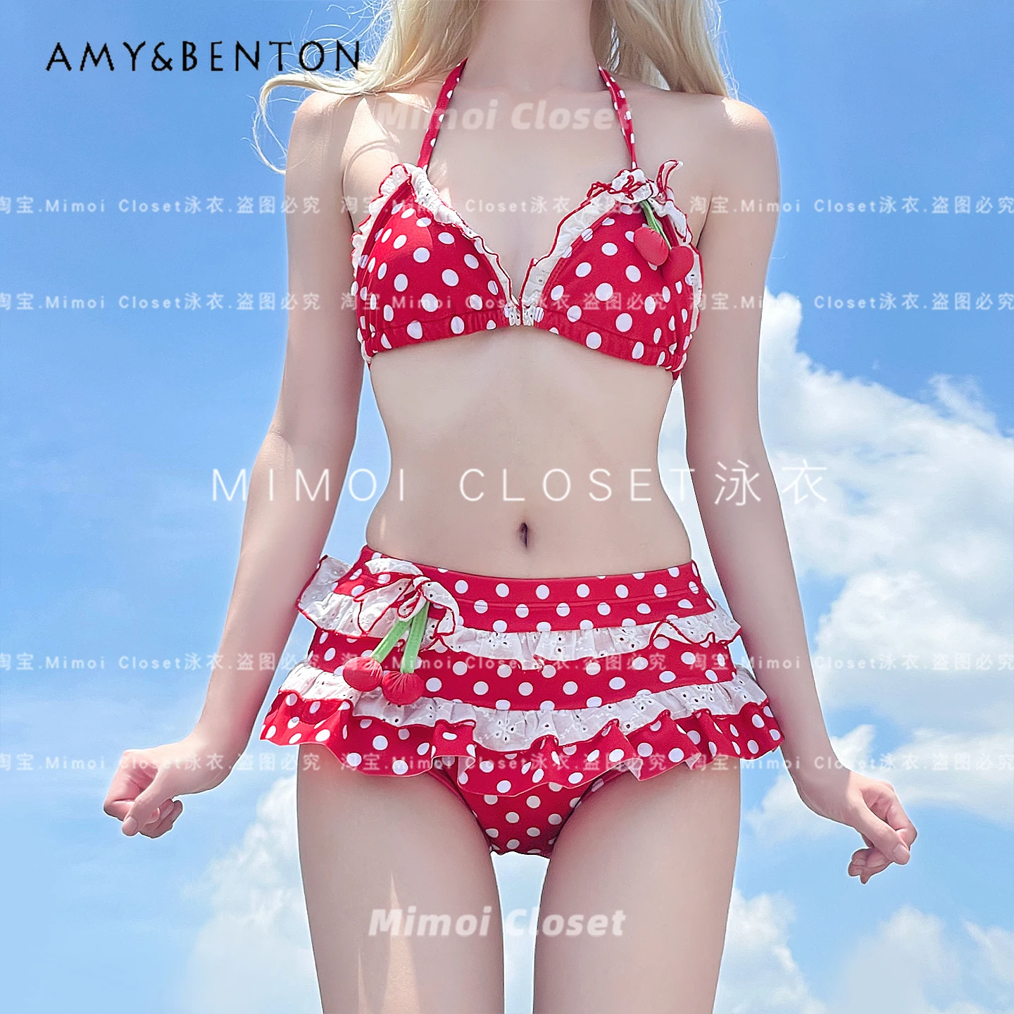 Sweetheart Girl Y2K Japanischer süßer Bikini-Anzug, dreidimensionaler Cartoon-Polka-Dot-Druck, Hosenträger, Röhrenoberteil, Rock, Badebekleidung Image