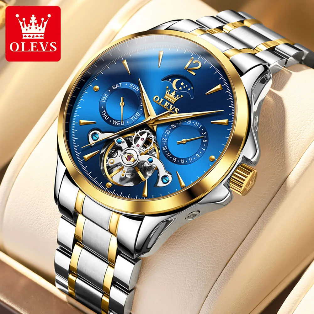 OLEVS 6663 Automatische mechanische Uhr für Herren, Mondphase, wasserdichtes Schwungrad-Design, Edelstahl-Armbanduhr für Herren, Luxusmarke Image