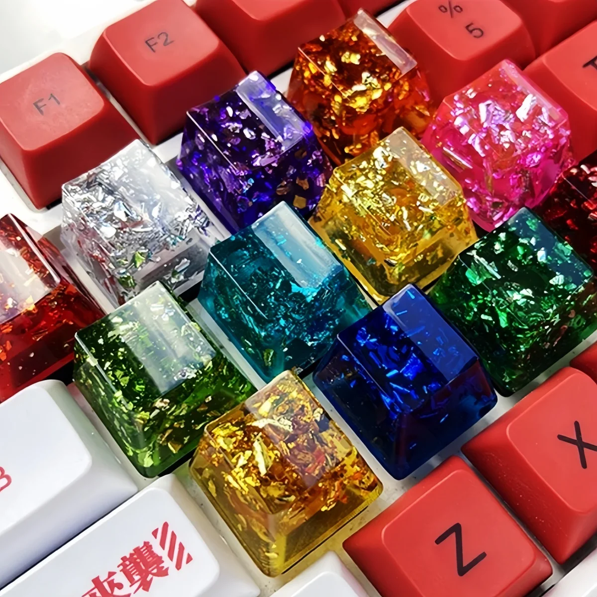 4-teiliges Harz-R4-Tastenkappen-Set, handgefertigt, OEM-Profil, transparent, mit Silberfolie für Gaming-Tastatur, MX, individuelle Persönlichkeits-Tastenkappen Image